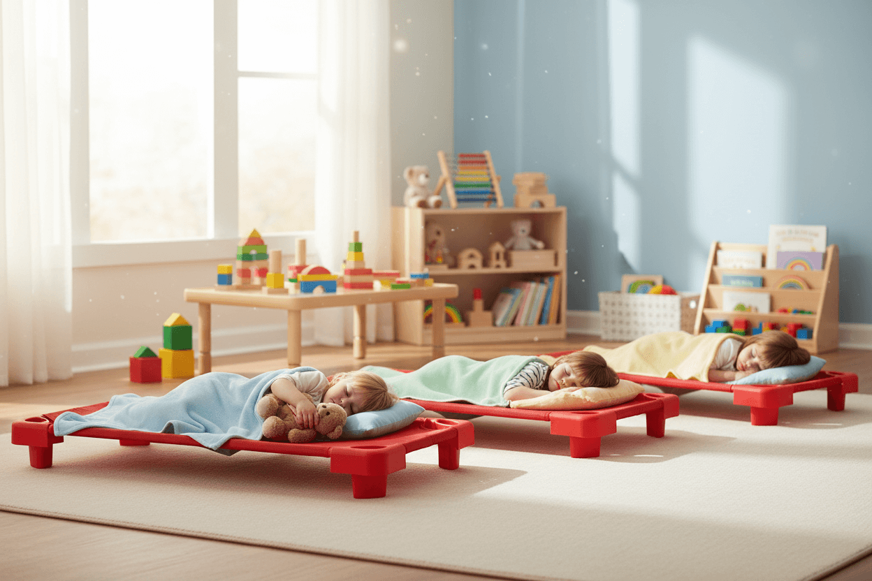 Červené plastové lehátko do školky